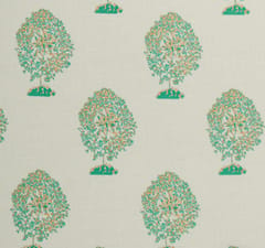 Snow White with Green and Gold Motif Print Cotton Fabric