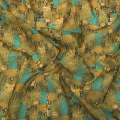 Beige and Teal Textured Print Organdy Fabric