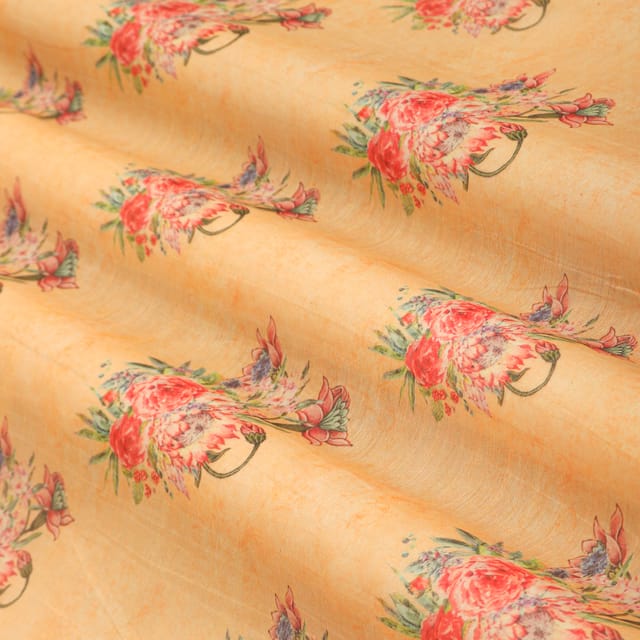 Peach Cream Floral Print Chanderi Fabric