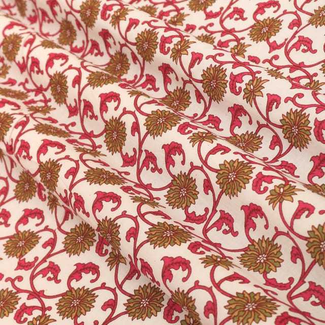 White and Red Floral Vine Print Cotton Fabric