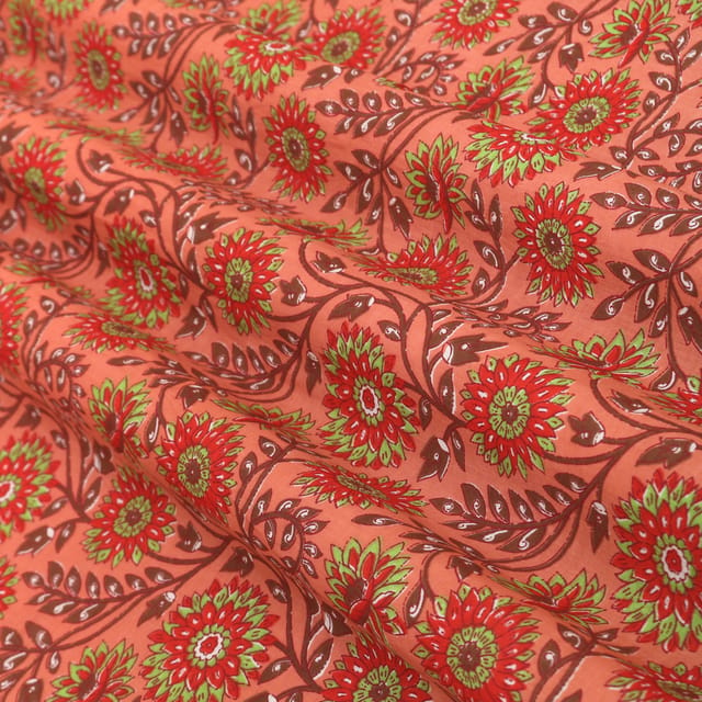 Peach and Red Floral Vine Print Cotton Fabric