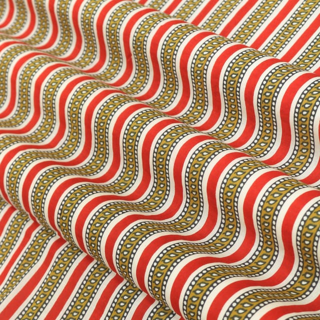 Red, Beige and White Stripe Print Cotton Fabric