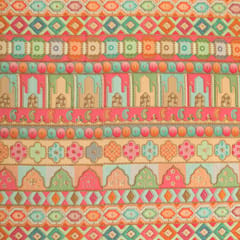Salmon Pink with Pastel Multicoloured Position Print Embroidery Dupion Silk Fabric