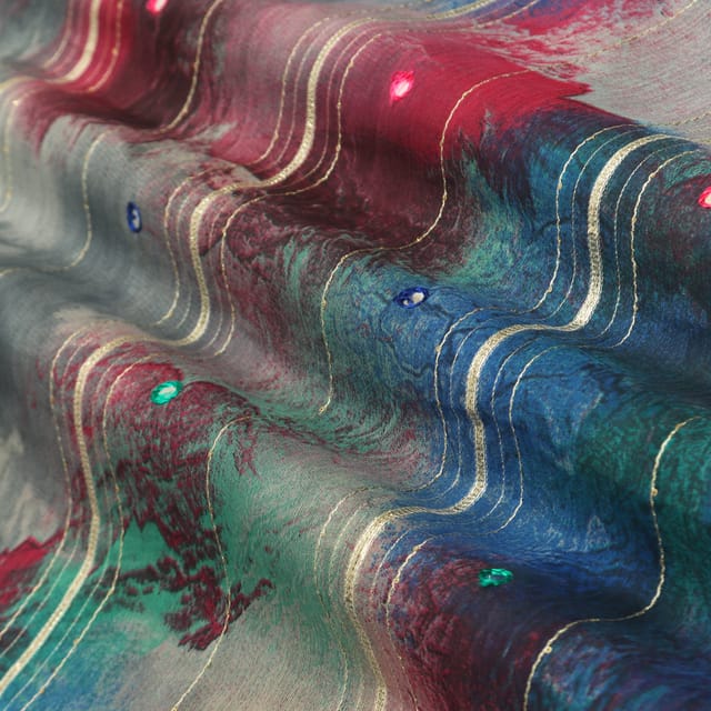 Multicoloured Galaxy Textured Gota Work Embroidery Chinon Chiffon