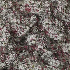 Ash Grey and White Floral Vine Jute Embroidery Fabric
