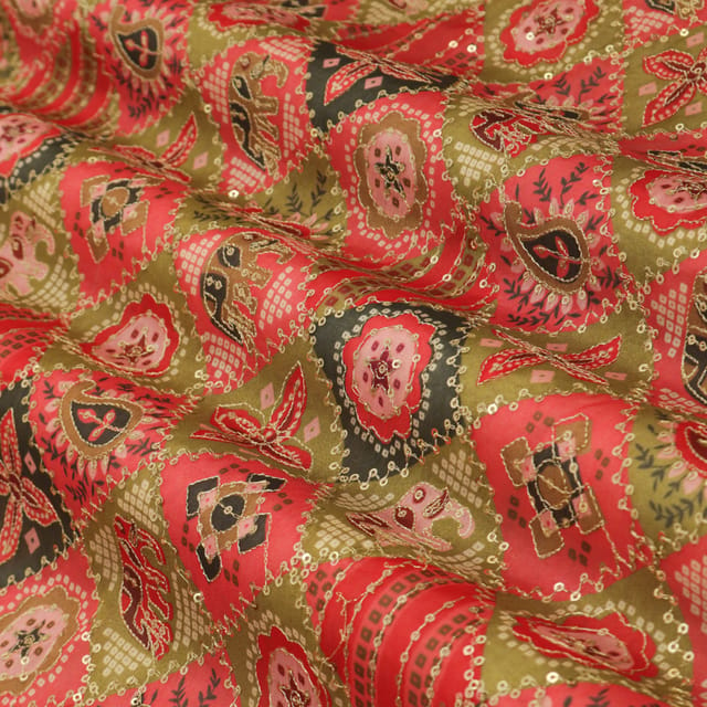 Pink-Toned Motif Print Embroidered Chinon Fabric