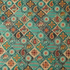 Sapphire Blue Motif Print Embroidered Chinon Fabric