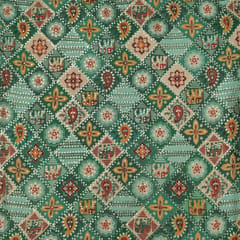 Emerald Green Motif Print Embroidered Chinon Fabric