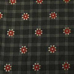 Black and White Checked Floral Embroidery Cotton Fabric