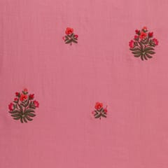 Baby Pink with Red Floral Embroidery Cotton Fabric