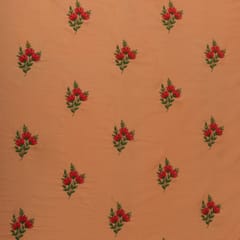 Sherbert Orange with Red Floral Embroidery Cotton Fabric