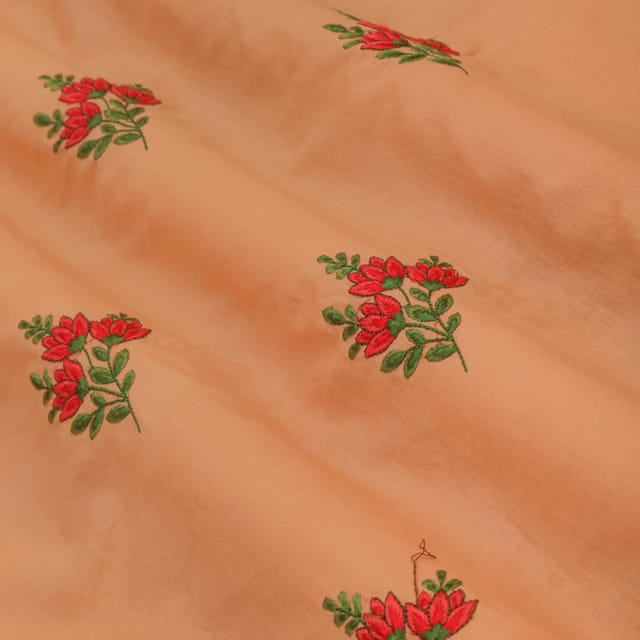 Sherbert Orange with Red Floral Embroidery Cotton Fabric