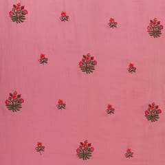 Baby Pink with Red Floral Embroidery Cotton Fabric