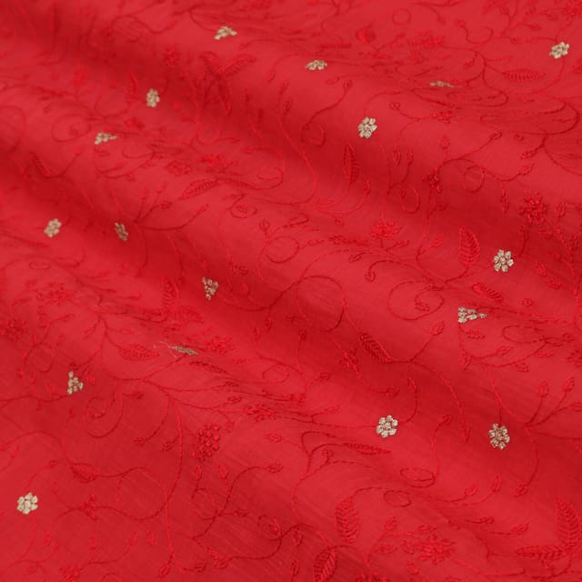 Blood Red Motif Embroidery Chanderi Fabric