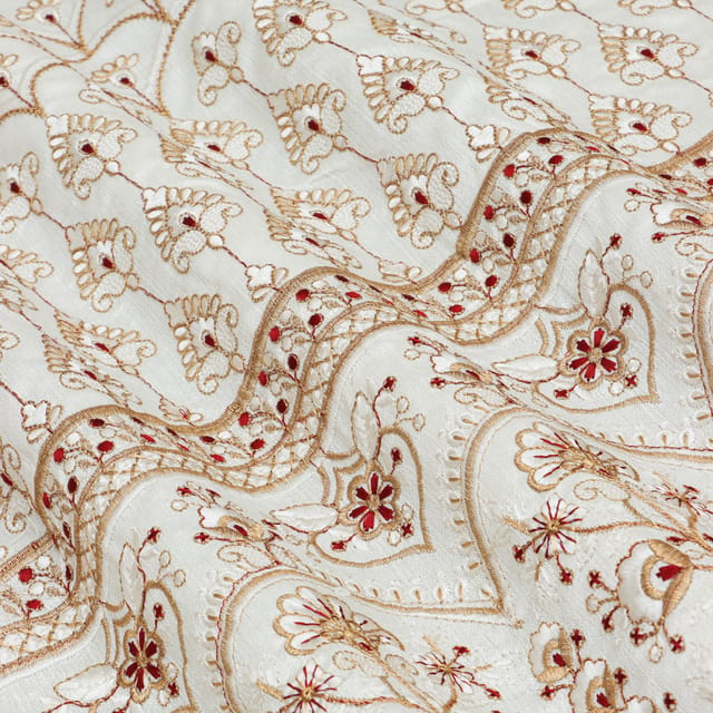 Off White Nokia Silk Golden Zari Floral Embroidery Fabric