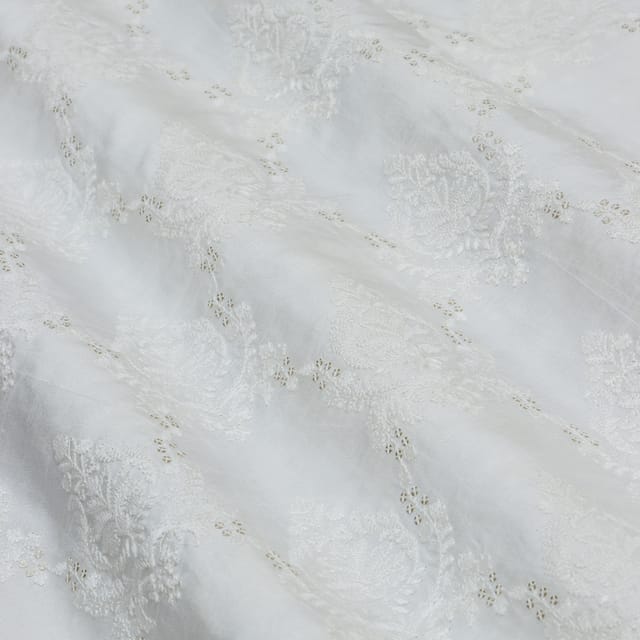 Daisy White Nokia Silk Motif Print Thread With Sequin Embroidery Fabric