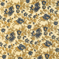 Buff Brown Cotton Navy Blue Floral Ajrak Print Fabric