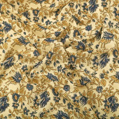Buff Brown Cotton Navy Blue Floral Ajrak Print Fabric