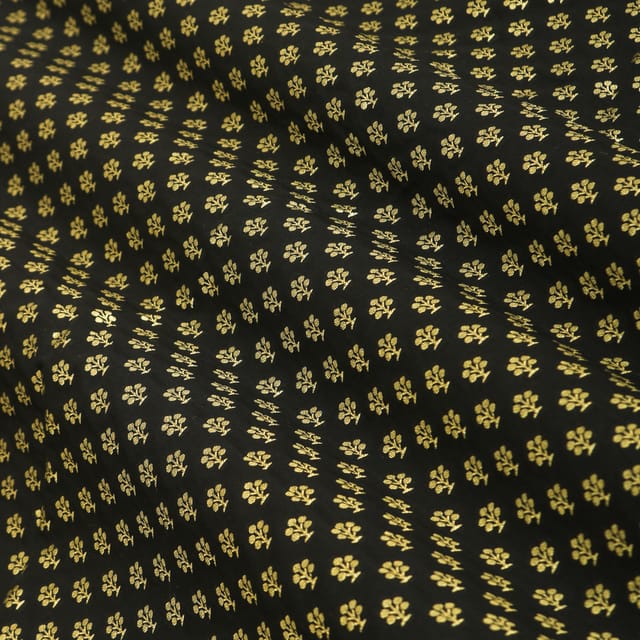 Midnight Black Brocade Gold Zari Booti Floral Embrodiery Fabric
