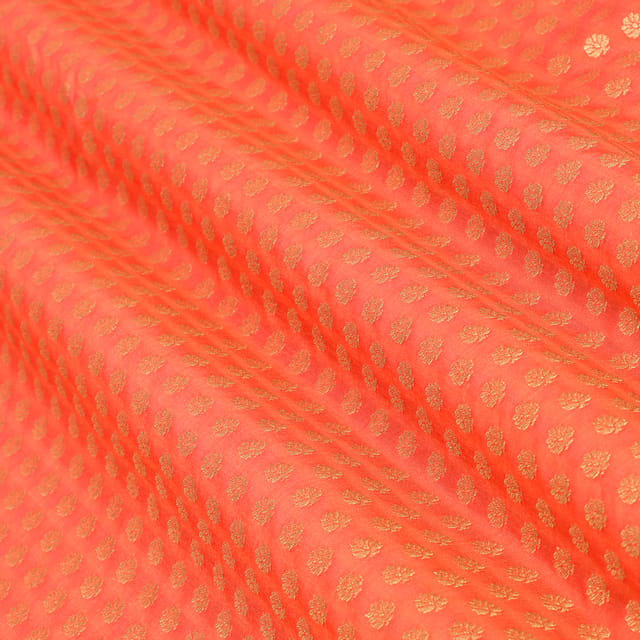 Carrot Pink Brocade Dim Gold Zari Booti Embroidery Fabric