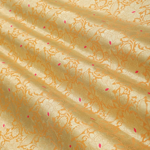 Golden Yellow BrocadeDim Golden Zari Motif Work Embroidery Fabric