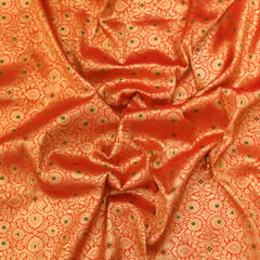 Orange Brocade Golden Zari Motif Work Embroidery Fabric