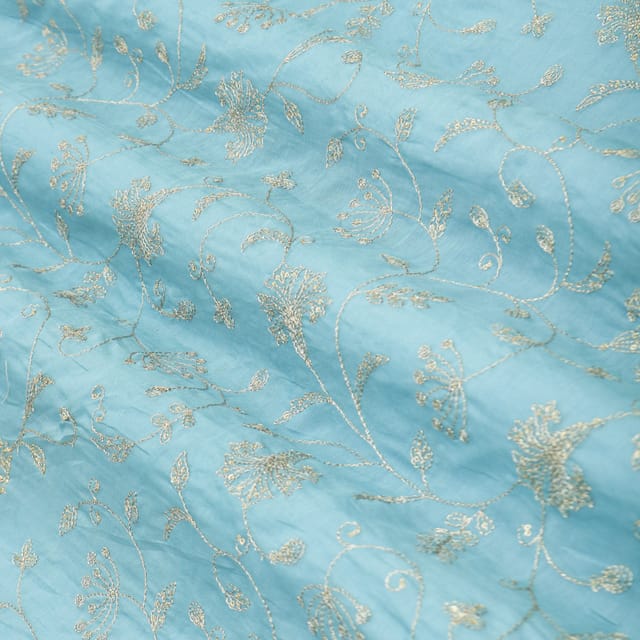 Sky Blue Embroidery Chanderi Cotton Fabric