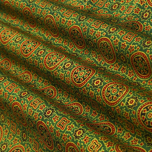 Emerald Green Motif Print Satin Silk Fabric