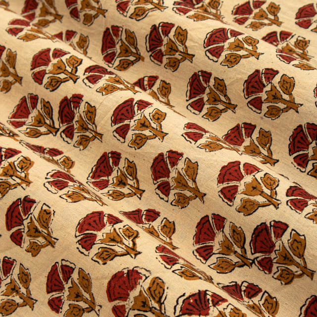 Ecru Brown Cotton Floral Kalamkari Print Fabric