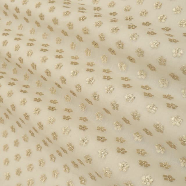 Chiffon White Chanderi Floral Dim Golden Zari Brocade Fabric