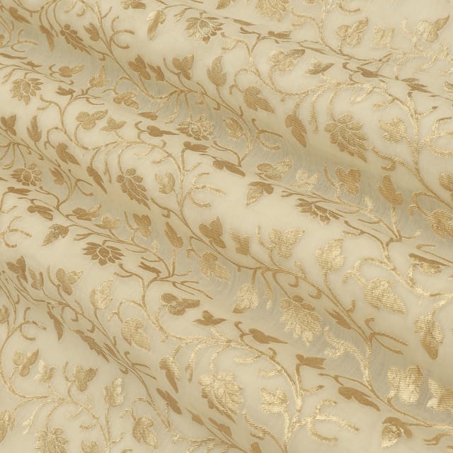 Cotton White Chanderi Floral Golden Zari Brocade Fabric