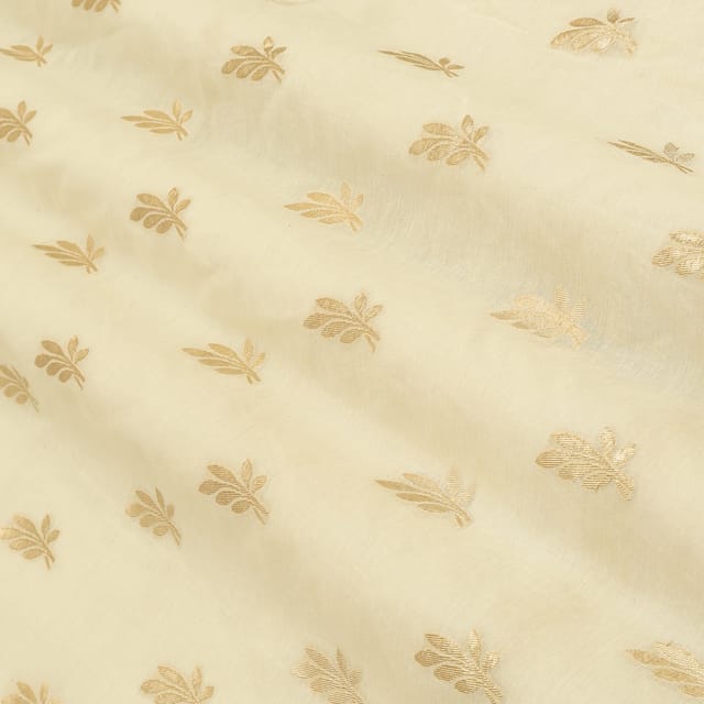 Lace White Chanderi Leaf Dim Golden Zari Brocade Fabric