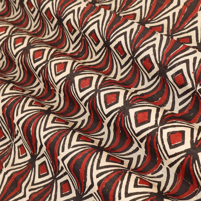 Scarlet Red and Black Abstract Print Kalamkari Lurex Embroidery Fabric