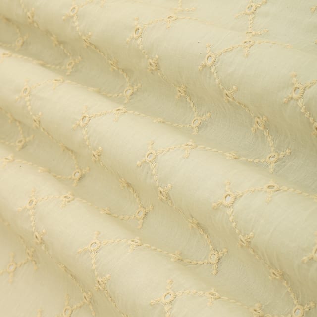 Chiffon White Kora Cotton Floral Stripe Pattern Mirror Work Embroidery Fabric