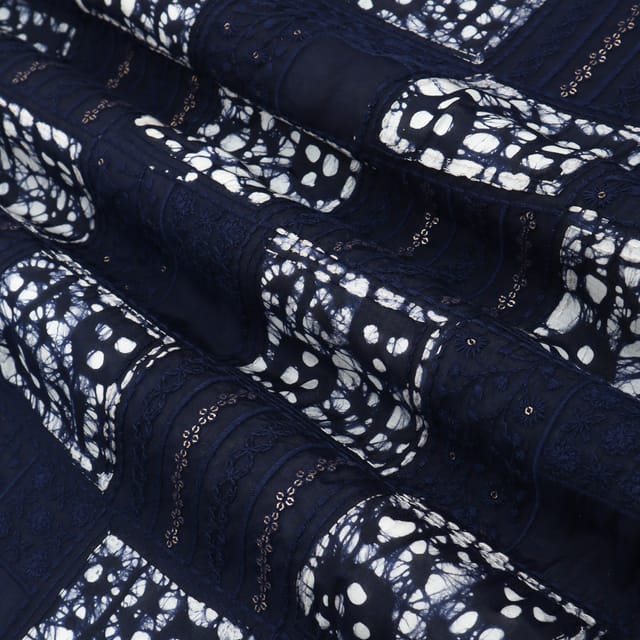 Navy Blue Batik Print Embroidery Mulmul Silk Fabric