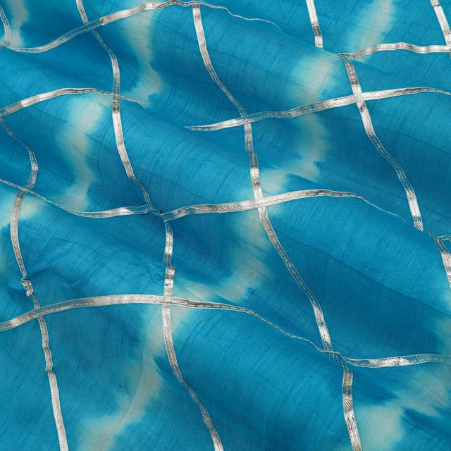 Sky Blue and White Tie-Dye Print Gota Embroidery Mulmul Silk Fabric