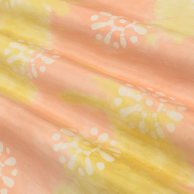 Peach and Yellow Batik Print Embroidery Mulmul Silk Fabric