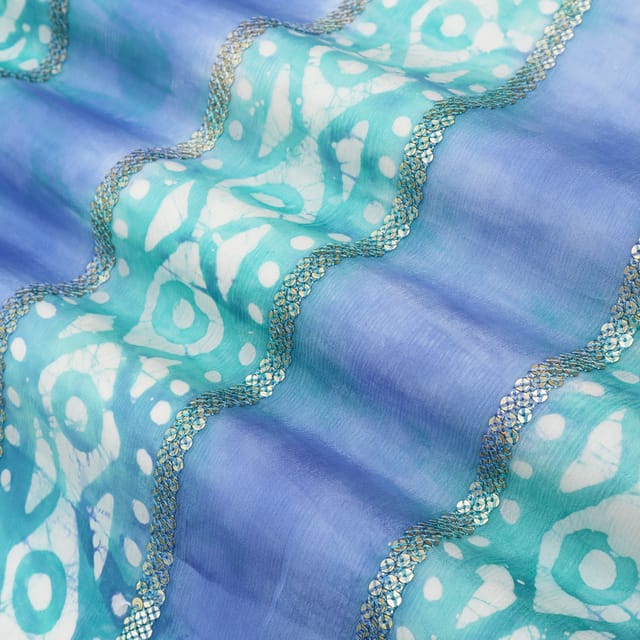 Cobalt Blue Batik Print Embroidery Chinon Chiffon Fabric