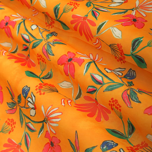 Marigold Yellow Floral-Print Georgette Fabric