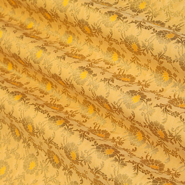 Bright Yellow Satin Khimkhab Floral Golden Zari Fabric