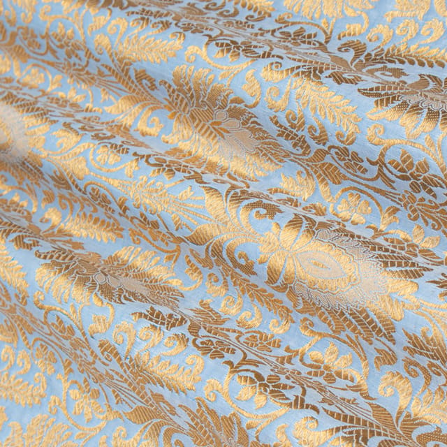 Sky Blue and Gold Satin kimkhab Fabric