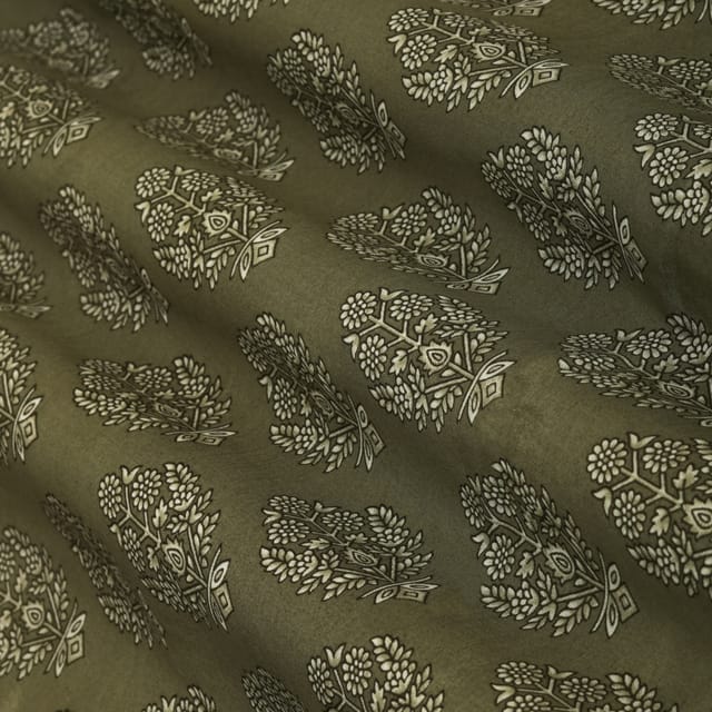 Steel Grey Motif Print Mulmul Silk Fabric