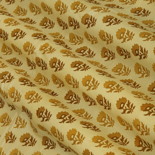 Off-White and Brown Floral Print Mulmul Silk Fabric