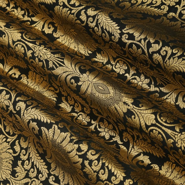Jet Black and Gold Satin kimkhab Fabric