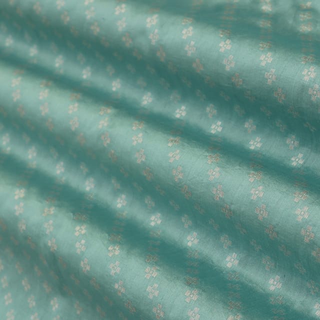 Azure Blue Brocade Silver Zari Stripe Floraal Embroidery Fabric