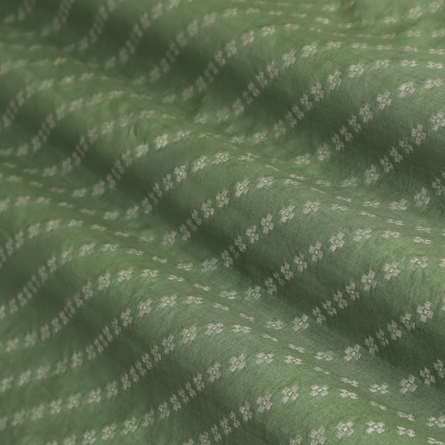 Moss Green Brocade Silver Zari Stripe Floral Embroidery Fabric