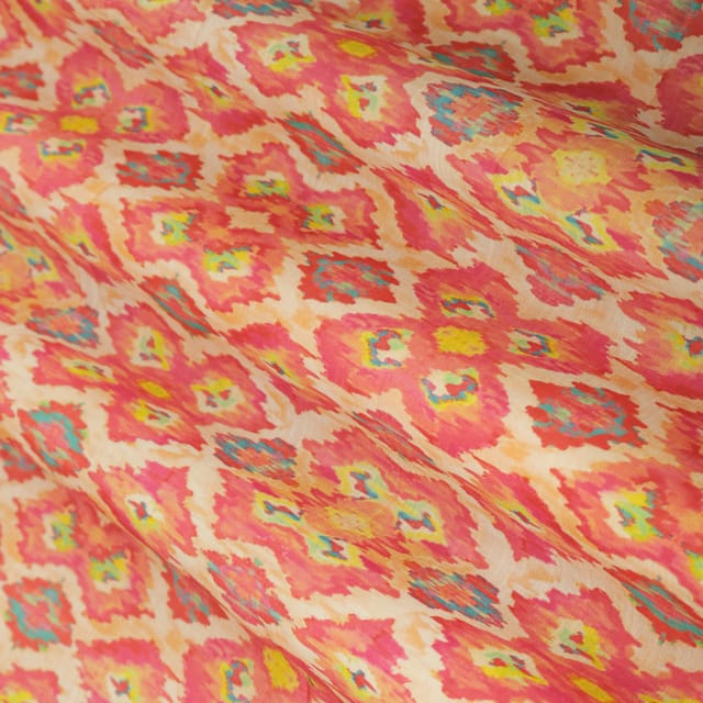 Baby Pink Linen Satin Ikat Print Fabric