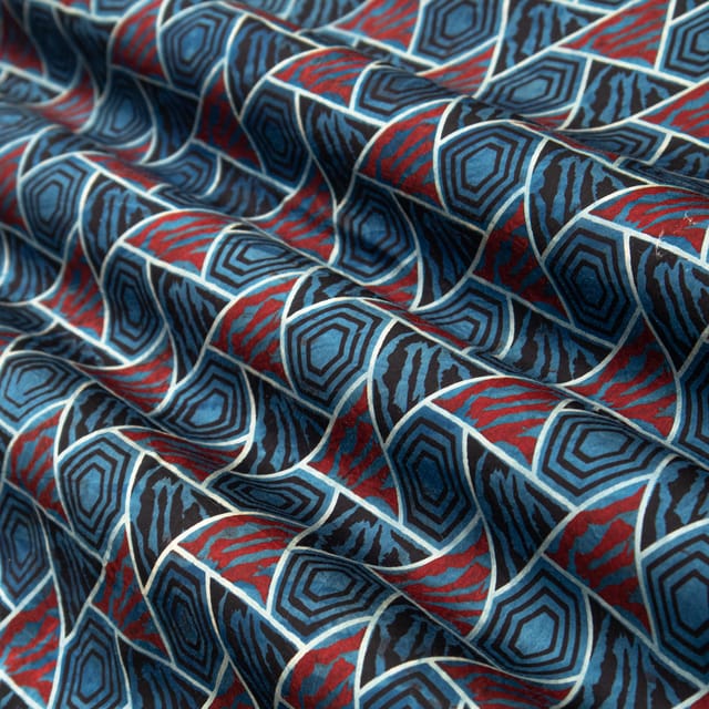 Midnight Blue Geometric Print Satin Silk Fabric