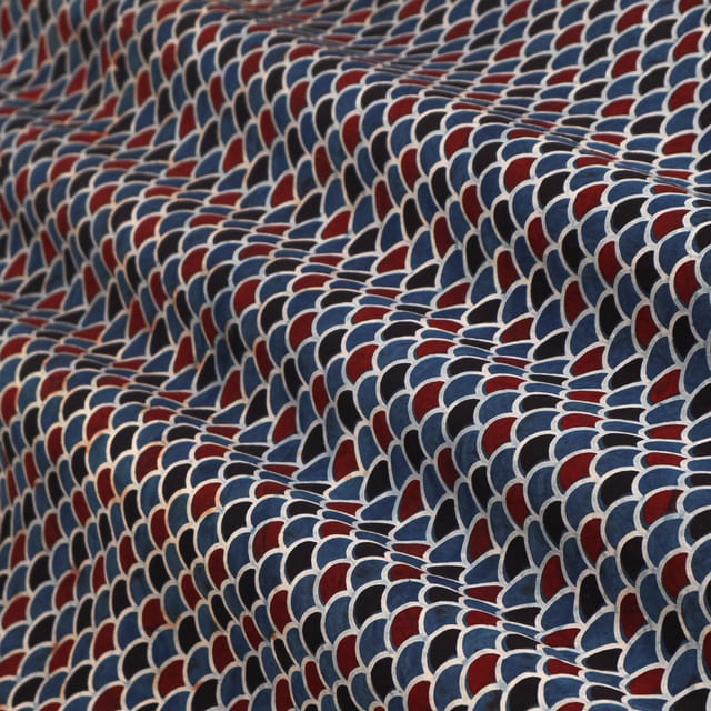 Navy Blue and Red Geometric Print Satin Silk Fabric