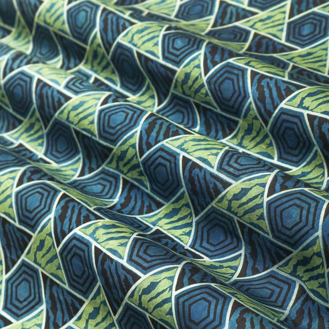 Navy Blue and Cream Geometric Print Satin Silk Fabric